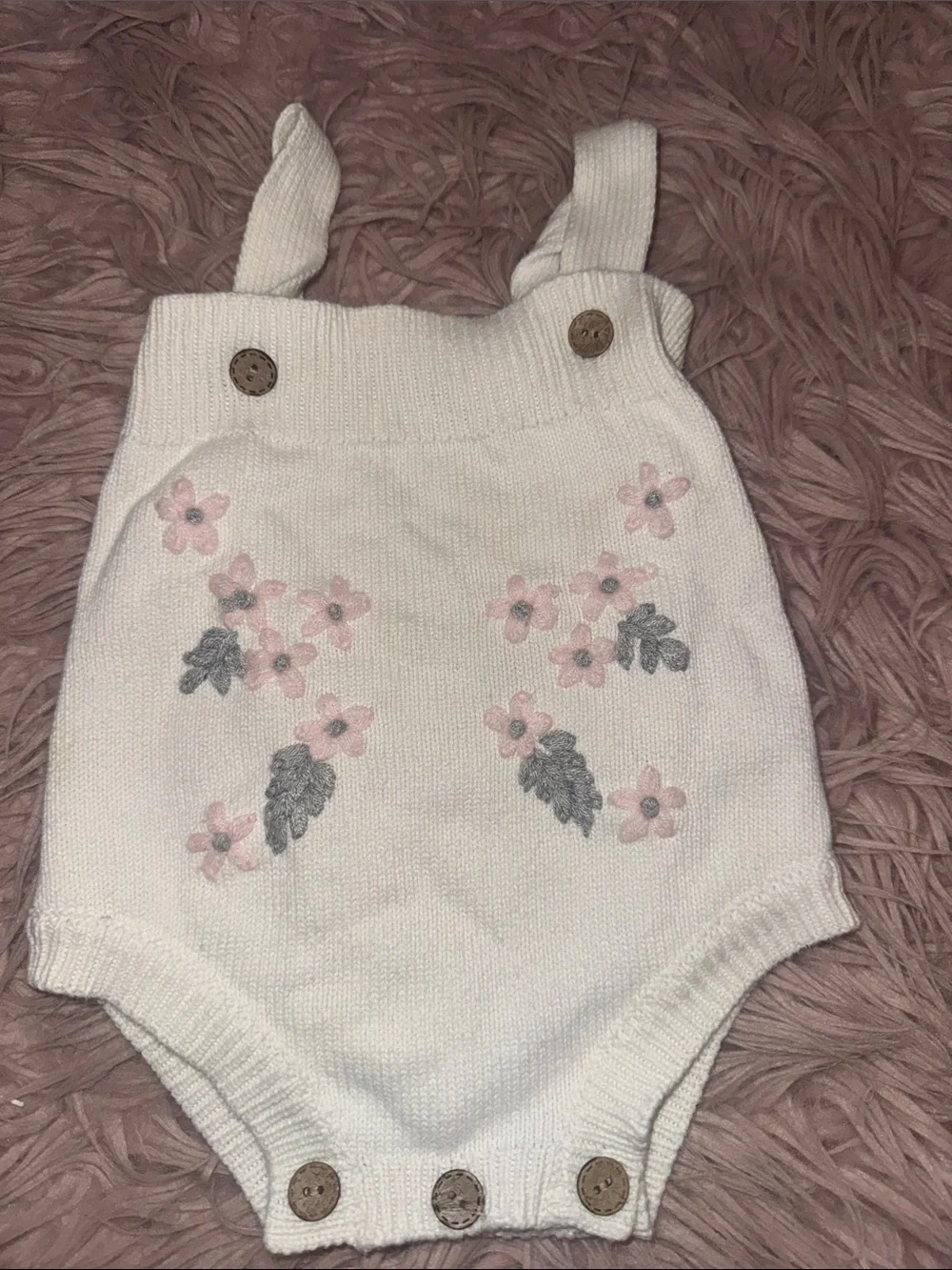 Specialty Boutique Cream Knit Floral Baby Romper with Flower Embroidery